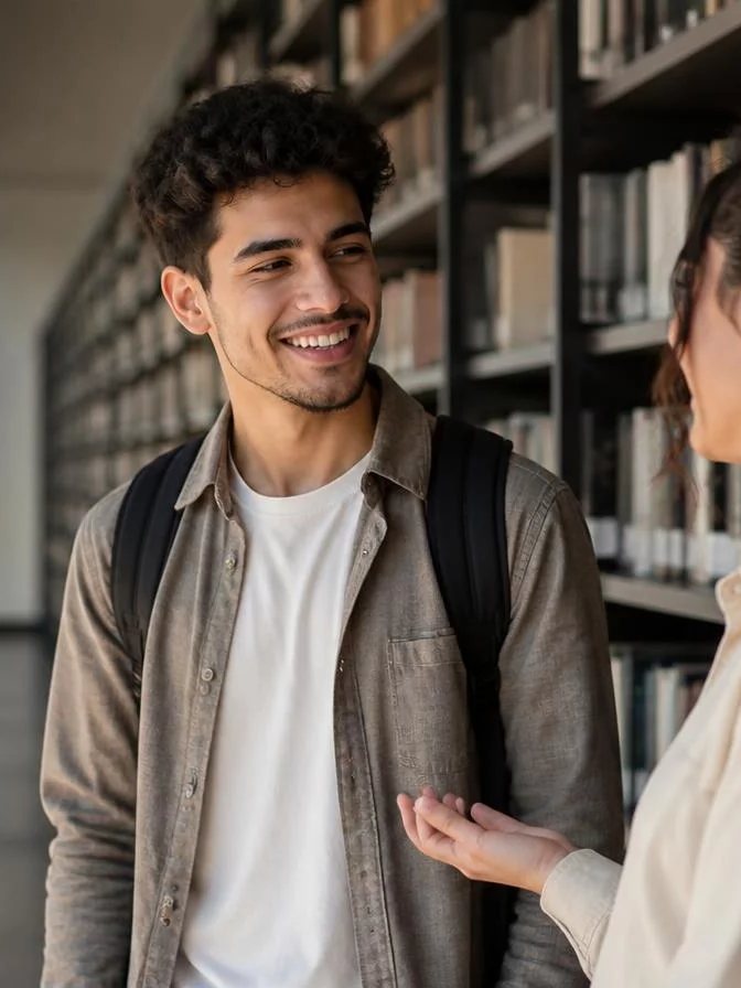 Duas participantes conversando de pé no corredor entre prateleiras de livros